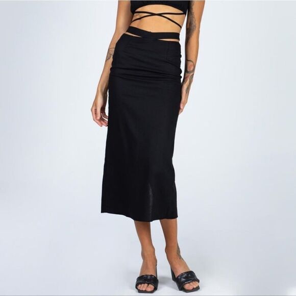 Princess Polly Black Mariah Cotton Linen‎ Cutout Midi Sheath Skirt 4US - Picture 6 of 9